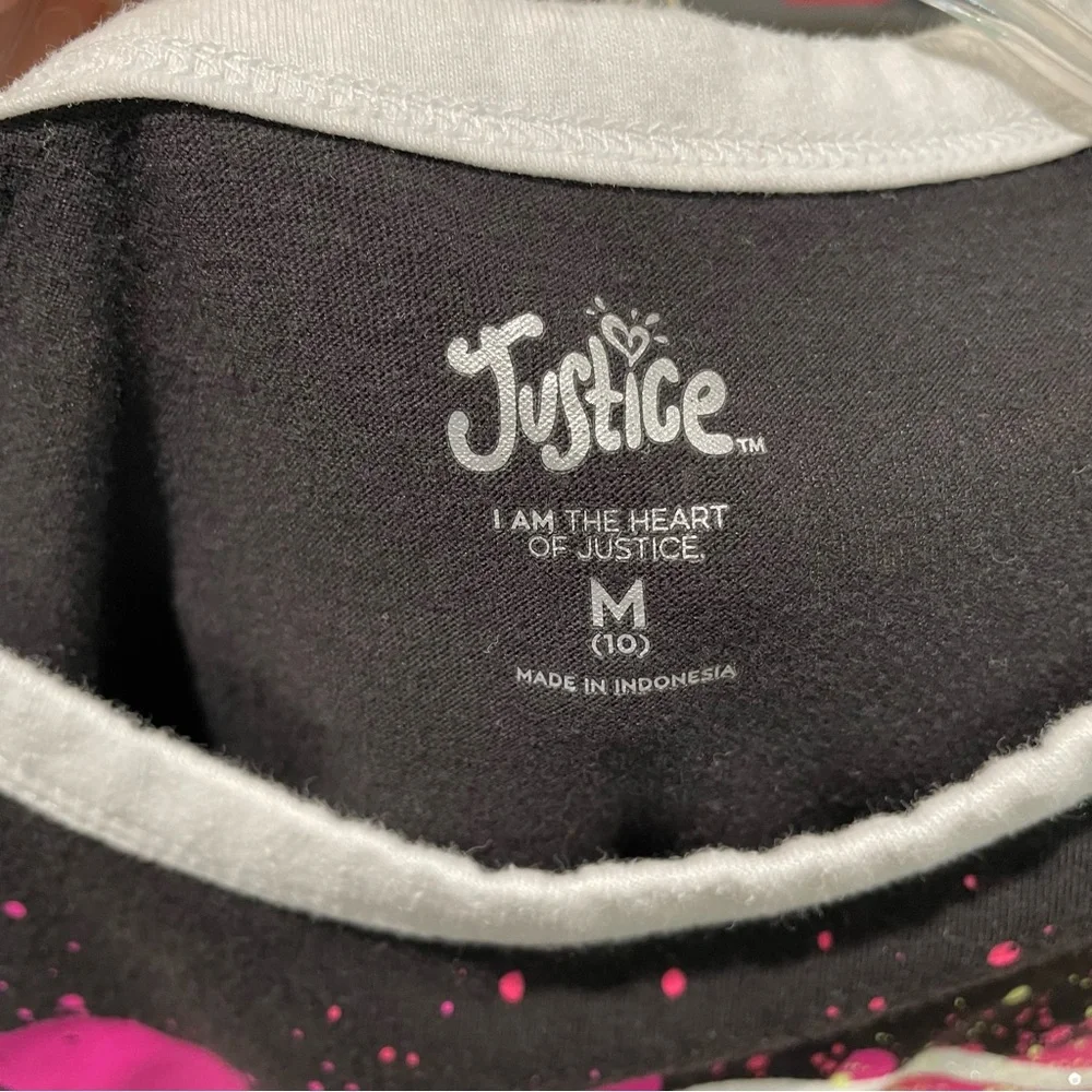 Justice Medium Girls Black T Shirt Smile Face Pink Purple Blue Splatter Paint